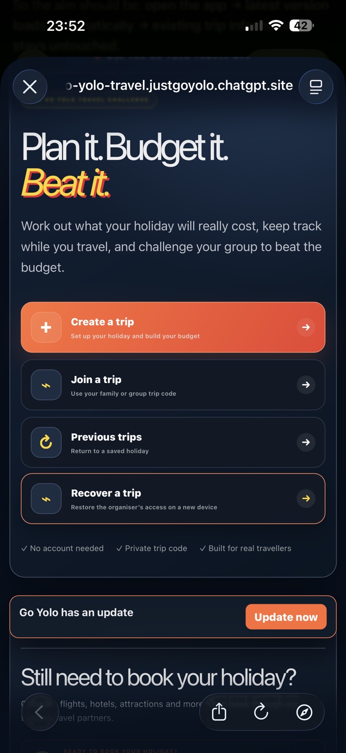 Create and join trip options in the Go Yolo Travel App